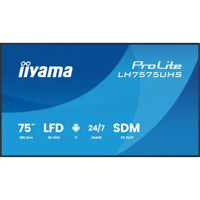 IIYAMA 75" LH7575UHS-B2AG 3840x2160, UHD IPS panel, Haze 25%, 500cd/m2, Landscape and Portrait, Signal FailOver, Speakers 2x 10W, HDMI 3x, DisplayPort, DP-out (MST/Mirror/Tiling), USB 2.0 x2, WiFi, 67