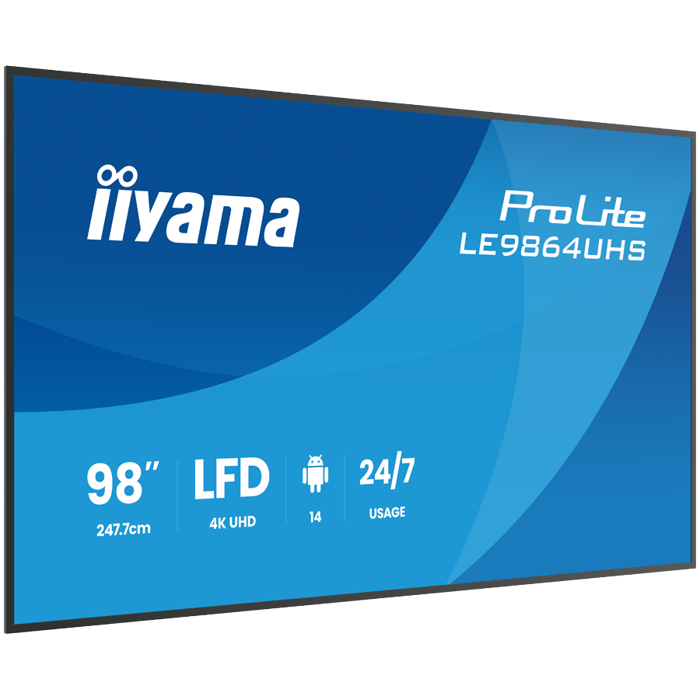 IIYAMA LFD LE9864UHS-B1AG 98" 4K UHD Most powerful professional digital signage VA 16:9 500 cd 5000:1 6.5ms Android 14 OS, iiSignage, iiControl, iiShare, EShare, FailOver, TeamViewer, LE9864UHS-B1AG