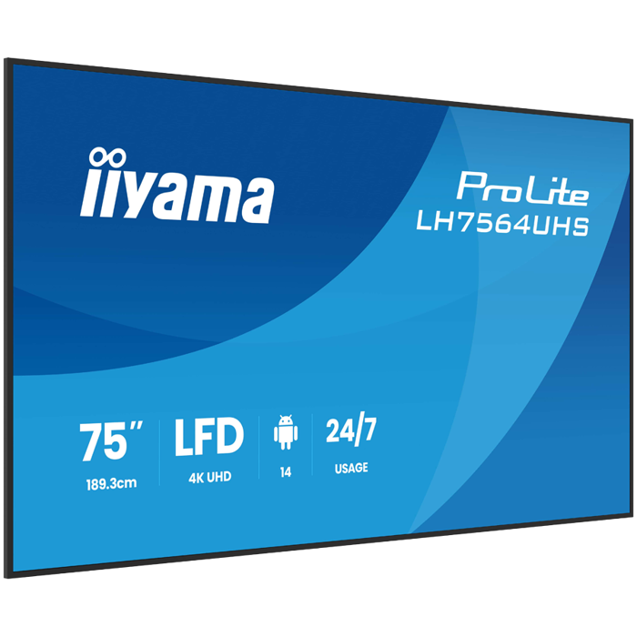 IIYAMA LFD LH7564UHS-B1AG 75" VA 3840 x 2160 60Hz 500 cd 5000:1 6.5ms Android 14 OS, iiSignage, iiControl, iiShare, EShare, FailOver, TeamViewer, PDF & Media Player, iiBrowser, File manager, LH7564UHS