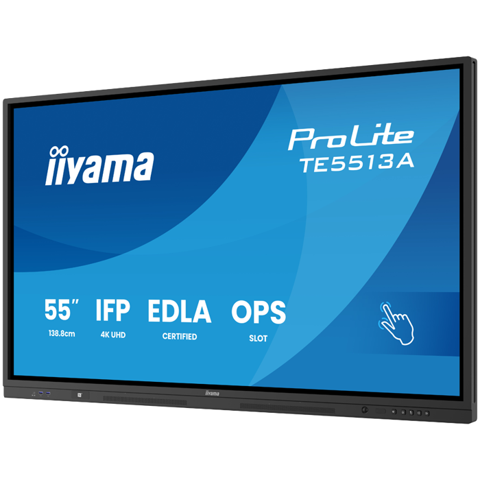 IIYAMA LFD TE5513A-B1AG Interactive 55" IPS 3840 x 2160 450 cd 8ms 40, 10pt writing 200Hz Scan rate, iiWare 21E (Android 14 OS) featuring Google EDLA, iiControl (DMS), WhiteBoard, web browser, TE5513A