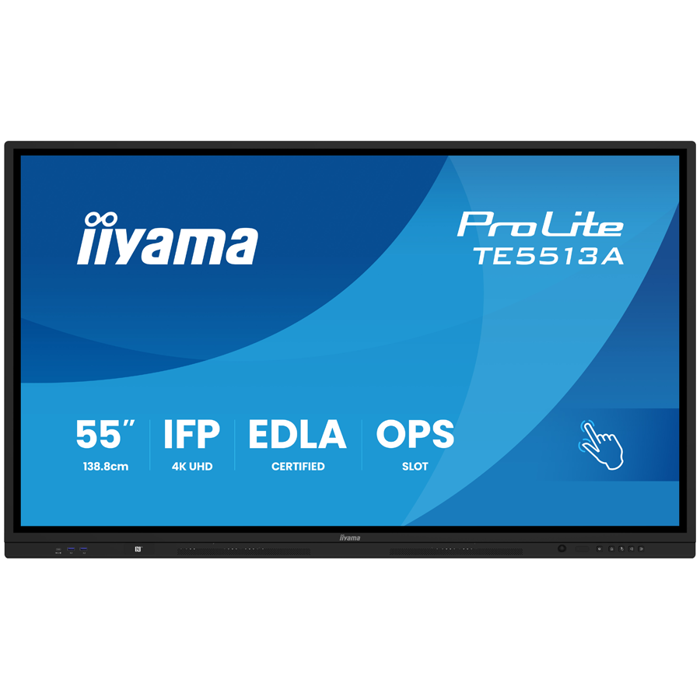 IIYAMA LFD TE5513A-B1AG Interactive 55" IPS 3840 x 2160 450 cd 8ms 40, 10pt writing 200Hz Scan rate, iiWare 21E (Android 14 OS) featuring Google EDLA, iiControl (DMS), WhiteBoard, web browser, TE5513A