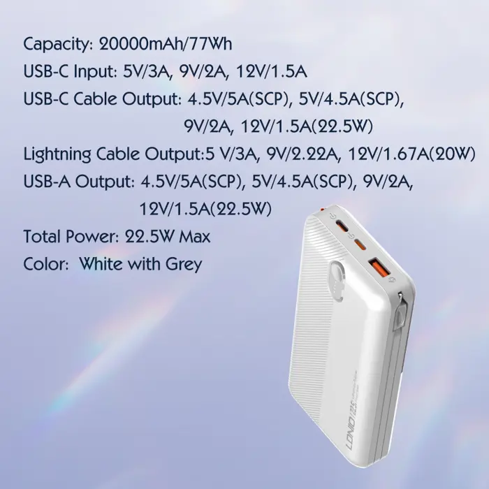 LDNIO POWER BANK 20000mAh 22,5W 5V 3A 2 PORT (2A) + 2 CABLE (1C1L) PQ24
