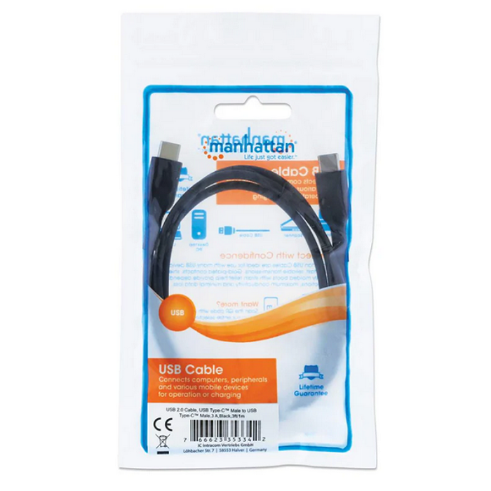 Manhattan kabel USB 2.0 Type-C, 3A, 60W, 1m, crni, 353342