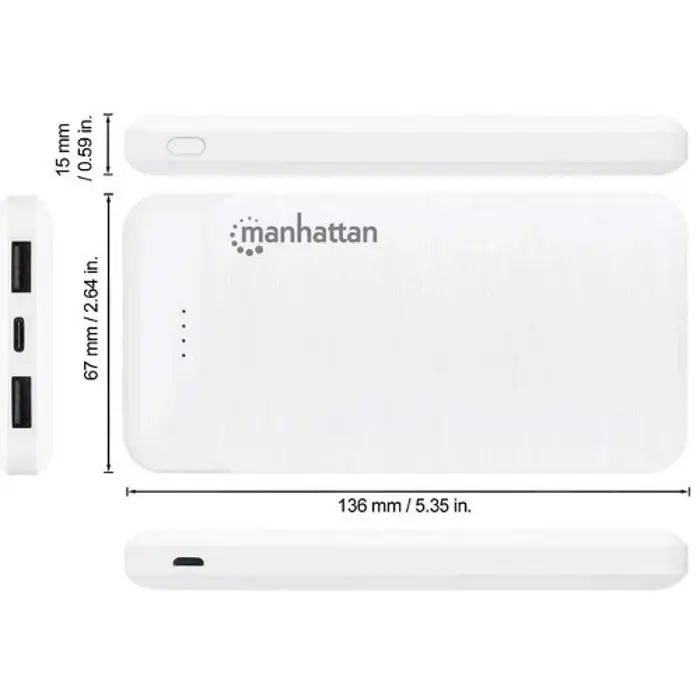 Manhattan powerbank 10000mAh,USB-C,microUSB-A,bije, 406277