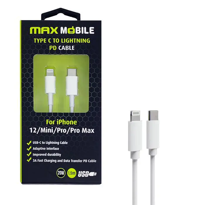 MAXMOBILE DATA KABEL I-PHONE LIGHTNING-TYPE C PD 3A,30W 1.5m bijeli