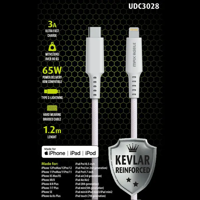 MAXMOBILE DATA KABEL I-PHONE LIGHTNING-TYPE C MFI Apple KEVLAR QC 3A 1,2m white