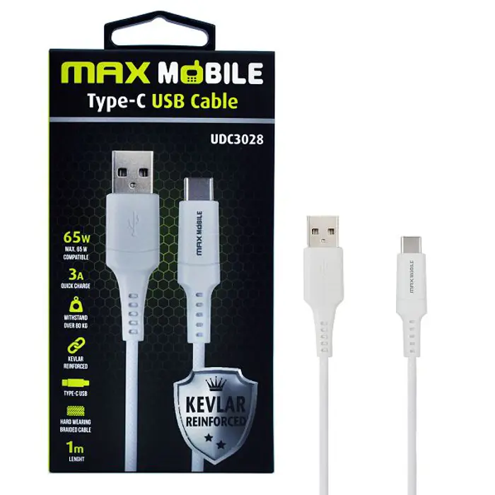 MAXMOBILE DATA KABEL USB 2.0 TYPE C UDC3028 KEVLAR WHITE QC 3A 1m