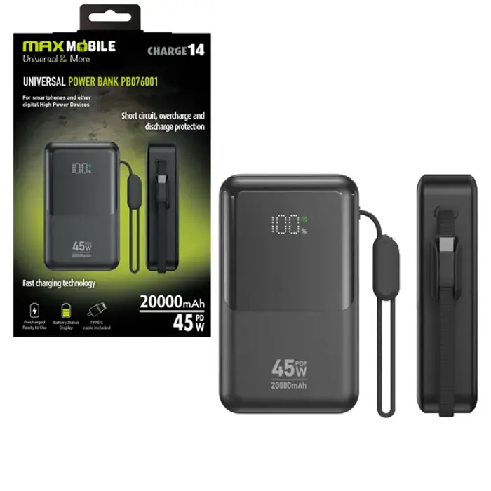 MAXMOBILE POWER BANK PB076001 20000mAh 45W TYPE-C TYPE C,crni