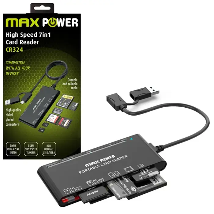 MAXPOWER ČITAČ KARTICA 7u1, CR324,USB-A i TYPE-C, 5Gbps