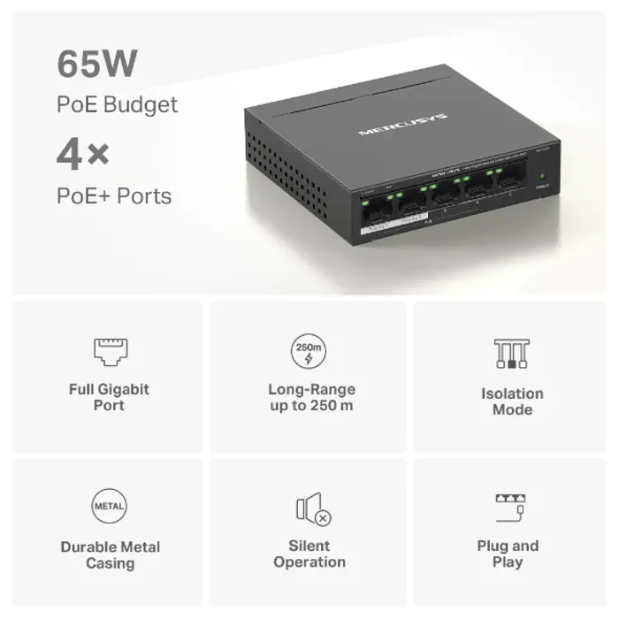Mercusys 5-Port Gigabit Desktop preklopnik (Switch) 4× Gigabit PoE+, 1× Gigabit Non-Po, Plug & Play, metalno kučište , MS105GP