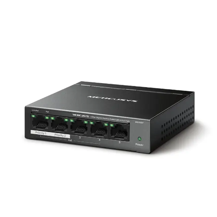 Mercusys 5-Port Gigabit Desktop preklopnik (Switch) 4× Gigabit PoE+, 1× Gigabit Non-Po, Plug & Play, metalno kučište , MS105GP