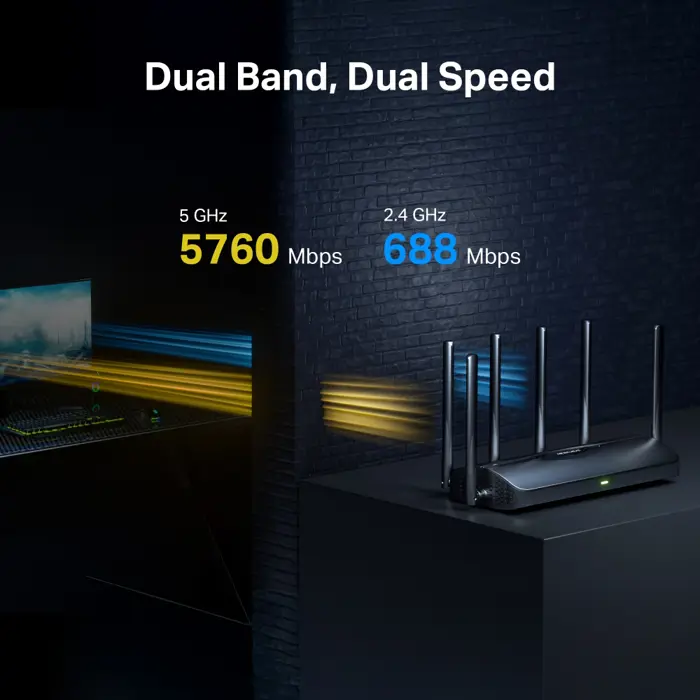 Mercusys BE3600 bežični usmjerivač (Duali-Band Wi-Fi 7 Router) 688Mbps/5760Mbps (2.4GHz/5GHz), 802.11be/ax/ac/a/b/g/n, 3×G-LAN, 1×G-WAN, 6x fiksne omni-direkcione antene, MR37BE