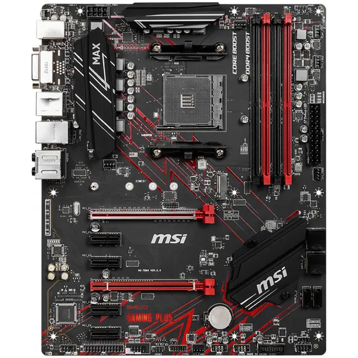 MSI Main Board Desktop B450 GAMING PLUS MAX (SAM4, 4xDDR4, 2xPCI-Ex16, 4xPCI-Ex1, USB3.2, USB2.0, 6xSATA III, M.2, Raid,DVI-D, HDMI, GLAN) ATX Retail