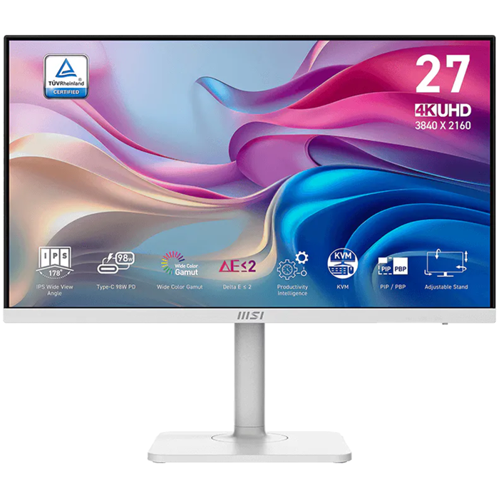 MSI Modern MD272UPHW, 27", IPS, UHD, 60Hz, 4ms, 400nits, 10 bit, DisplayHDR 400, HDMI, DP, USB Type C w/ 98W PD, Speakers, Tilt, Swivel, Pivot, Height Adjustment, White, MODERN MD272UPHW