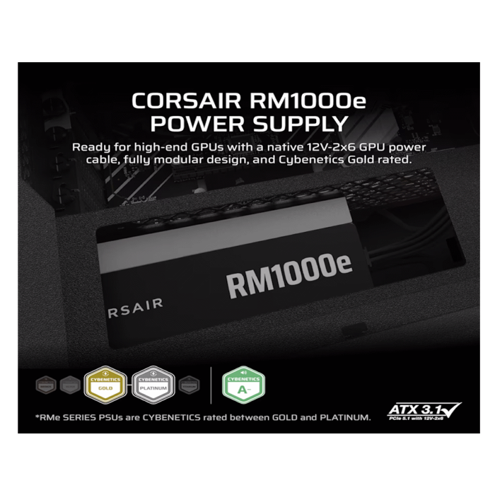 Napajanje Corsair RM1000e (2025) 1000WATX 3.1, PCIe 5.1, Cybenetics GOLD, Full Modular