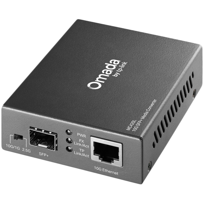 Omada 10G Multi-Gigabit RJ45 to 10G SFP+ Slot Supporting MiniGBIC Modules PORT: 1× 10G SFP+ Slot, 1× 10G Multi-Gigabit RJ45 Port (Auto MDI/MDIX) SPEC: Chassis MC1400 Rack-mountable, MC420L-AS