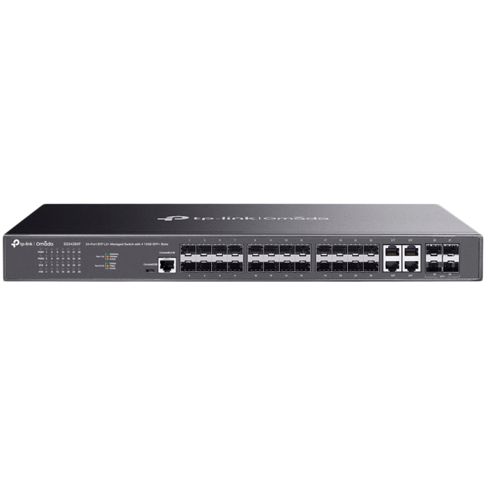 Omada 24-Port SFP L2+ Managed Switch 20× Gigabit SFP Ports, 4× Gigabit SFP/RJ45 Combo Ports, 4× 10G SFP+ Slots, RJ45/Micro-USB Console Port 1U 19-inch Rack-mountable Steel Case Integration with Omada