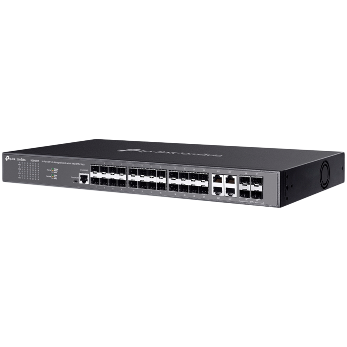 Omada 24-Port SFP L2+ Managed Switch 20× Gigabit SFP Ports, 4× Gigabit SFP/RJ45 Combo Ports, 4× 10G SFP+ Slots, RJ45/Micro-USB Console Port 1U 19-inch Rack-mountable Steel Case Integration with Omada