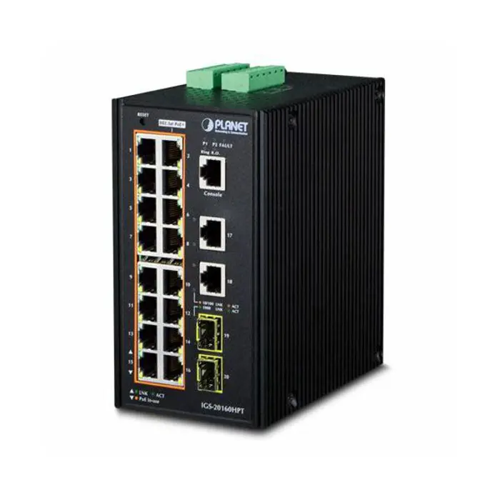 Planet Industrial 16-Port RJ45 Gigabit 802.3at PoE 2-Port RJ45 Gigabit 2-Port 100 1000X SFP Managed Switch