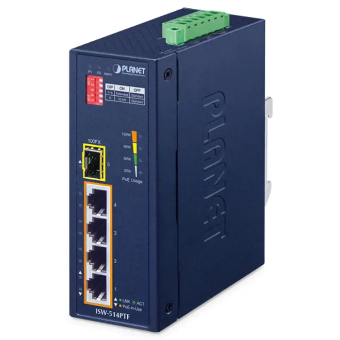 PLANET IP40 4-Port 10/100TX 802.3at PoE + 1-Port 100FX SFP Industrial Fast Ethernet Switch, ISW-514PTF