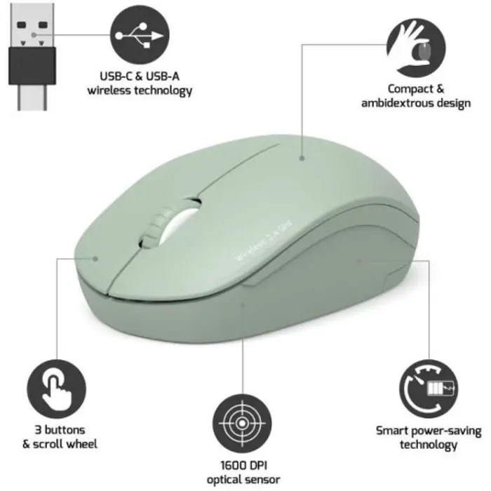 Port miš OFFICE WL USB-A/C, bežični, zelen, 900543