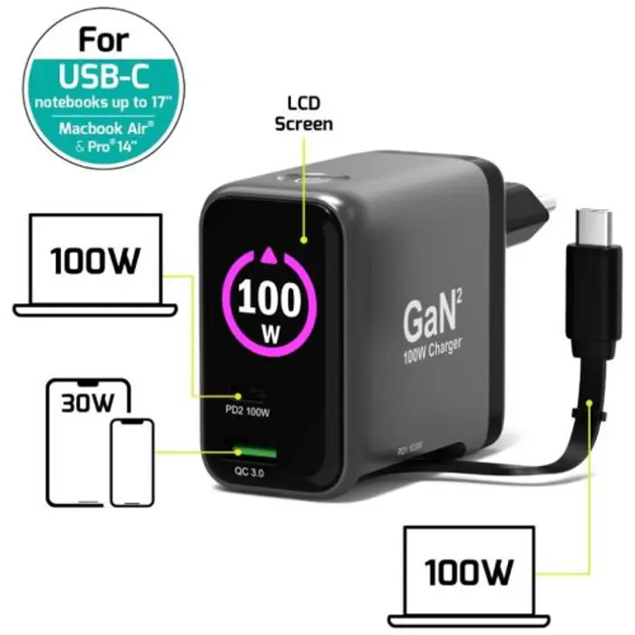 Port zidni punjač 100W type C,GaN2+USB-C kabel 2m, 902100LEU