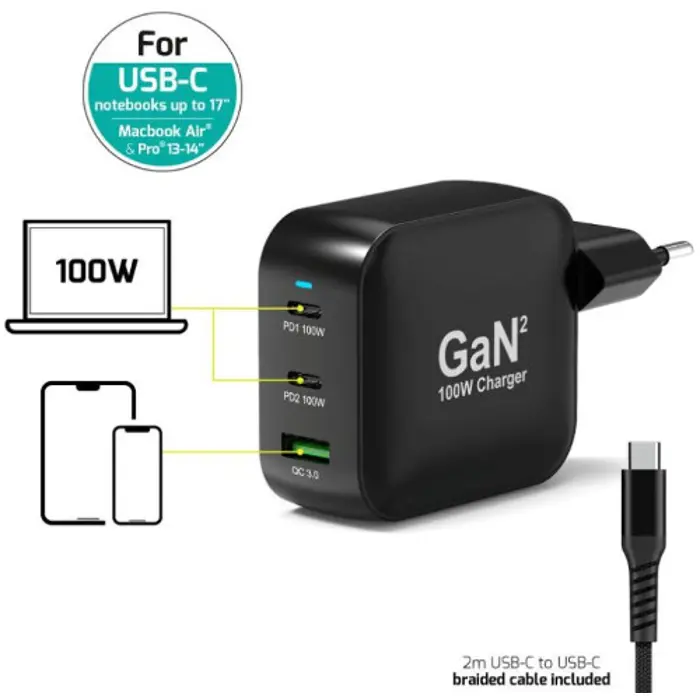 Port zidni punjač 100W type C,GaN2+USB-C kabel 2m, 902100PEU