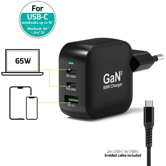 Port zidni punjač 65W type C GaN2 + USB-C kabel 2m, 902065PEU