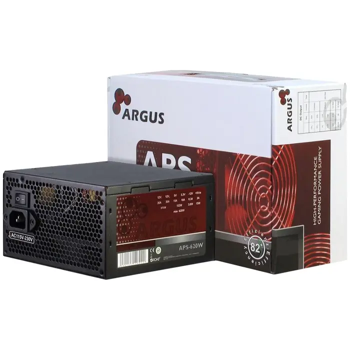 Power Supply INTER-TECH Argus APS 620W, efficiency 86.3%, dual rail (30A/30A), 120 mm silent fan with automatic control, 1x6+2pinPCIE, 4xSATA, 4xMolex, 1xFloppy, 1x4+4pinEPS12V, Active PFC, OVP/SCP/OP