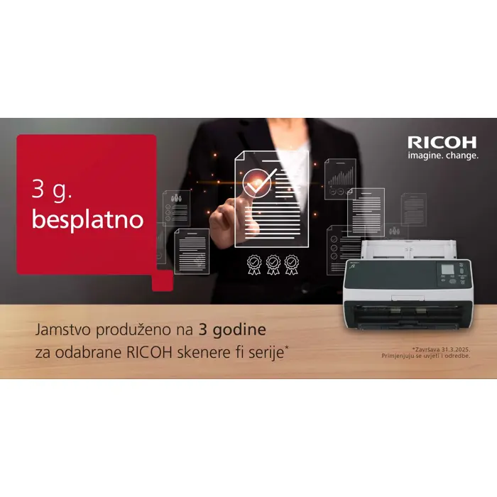 Ricoh/Fujitsu Scanner fi-7480, PA03710-B001, PROMOCIJA do 31.03.2025: 3 godine garancije uz besplatnu registraciju u roku 30 dana od kupnje