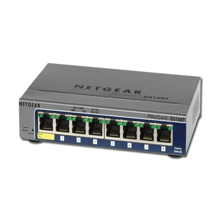Switch NETGEAR ProSafe GS108T (8 x 1000/100/10Mbps, Desktop/Wallmount, DHCP Client Built-in, Jumbo Frames Support, Radius/TACACS+) Retail, GS108T-200GES