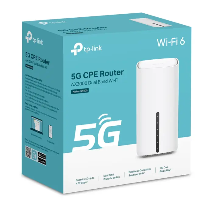 TP-Link 5G AX300 bežični usmjerivač (Dual-Band Gigabit Router) 574Mbps/2402Mbps (2.4GHz/5GHz), 1×G-WAN, 2×G-LAN, 8×5G/LTE interna antena, 3×WiFi interna antena , Archer NX500-LS