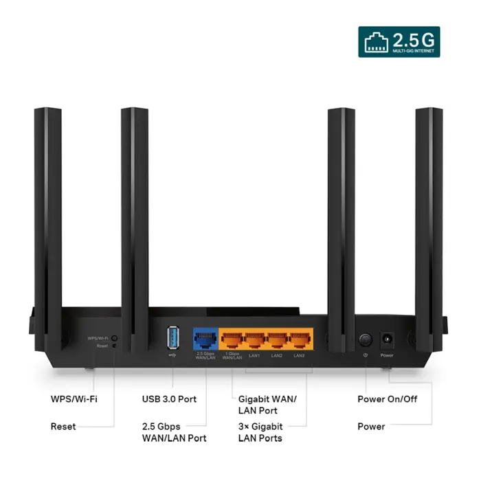 TP-Link AX3000 Archer AX55 Pro bežični usmjerivač (Dual-Band Router Wi-Fi 6) Multi-Gigabit 574 Mbps/2402 Mbps (2.4 GHz/5 GHz) 802.11ax/a/b/g/n/ac, 2× WAN/LAN, 3× Gigabit LAN, USB 3.0, 4×fiksne antene