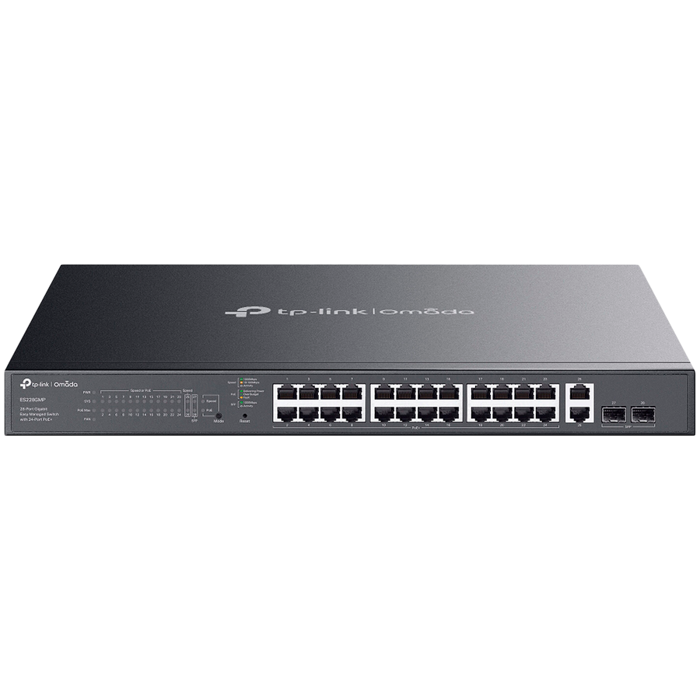 TP-Link ES228GMP Omada 28-Port Gigabit Easy Managed Switch with 24-Port PoE+, 24x Gigabit PoE+ Ports, 2x Gigabit Non-PoE Ports, 2x Gigabit SFP Ports, 384W PoE Power, 1U 19-inch Rack-mountable Steel Ca