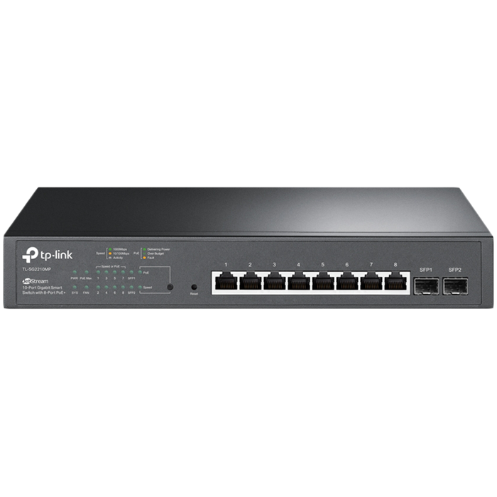 TP-Link SG2210MP Omada 10-Port Gigabit Smart Switch with 8-Port PoE+, 8× G PoE+ ports and 2× G SFP slots, 150 W total PoE budget, Omada app, Static Routing, VLAN, ACL, QoS, IGMP Snooping, Zero-Touch P