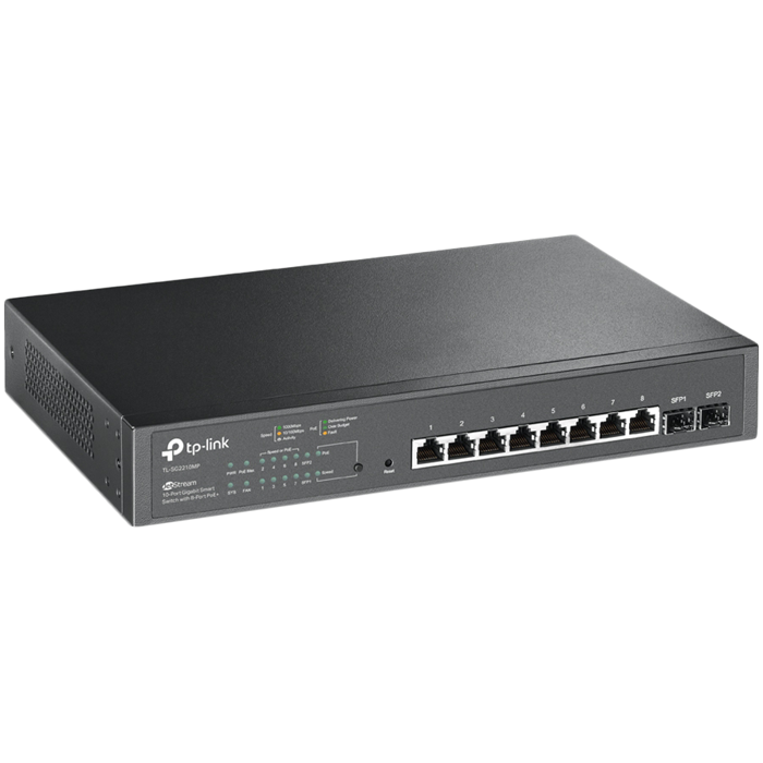 TP-Link SG2210MP Omada 10-Port Gigabit Smart Switch with 8-Port PoE+, 8× G PoE+ ports and 2× G SFP slots, 150 W total PoE budget, Omada app, Static Routing, VLAN, ACL, QoS, IGMP Snooping, Zero-Touch P