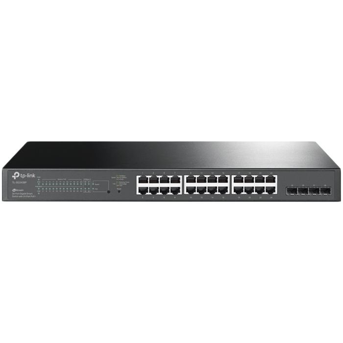 TP-Link SG2428P Omada 28-Port Gigabit Smart Switch with 24-Port PoE+, 24× Gigabit 802.3af/at PoE+ ports and 4× Gigabit SFP slots, 250 W total PoE budget, Omada app, Static Routing, VLAN, ACL, QoS, IGM