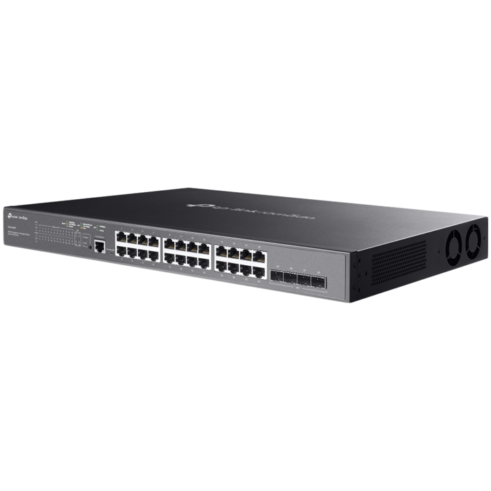 TP-Link SG3428MP Omada 28-Port Gigabit L2+ Managed Switch with 24× Gigabit 802.3af/at PoE+ ports and 4× Gigabit SFP slots, 384 W total PoE budget, Omada app, Static Routing, VLAN, ACL, QoS, IGMP Snoop
