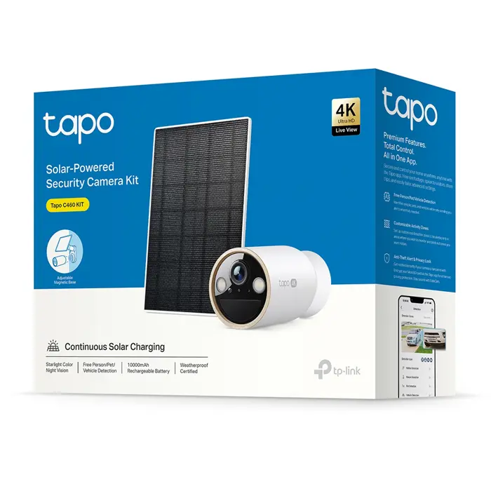 TP-Link Tapo C460 kamera + Tapo A201 Solar panel 4K 8MP, H.264, Color Night Vision, microSD, dvosmjerni audio, detekcija pokreta, vodootporna IP66, Wi-Fi, Tapo app, Tapo C460 KIT