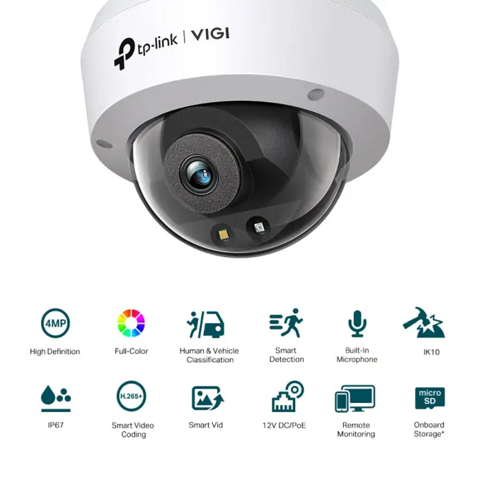 TP-Link vanjska IP Dome Full color HD kamera, H.265+ video, 4MP, 4mm leća, RJ45, PoE, microSD, Night Vision, detekcija pokreta, vodootporna IK10/IP67, VIGI app, VIGI C240-4