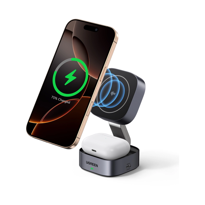 UGREEN 2in1 Qi2 Magnetic Foldable punjač, 15W, za Iphone 12-16, AirPods 3/2/Pro, sivi, 67946