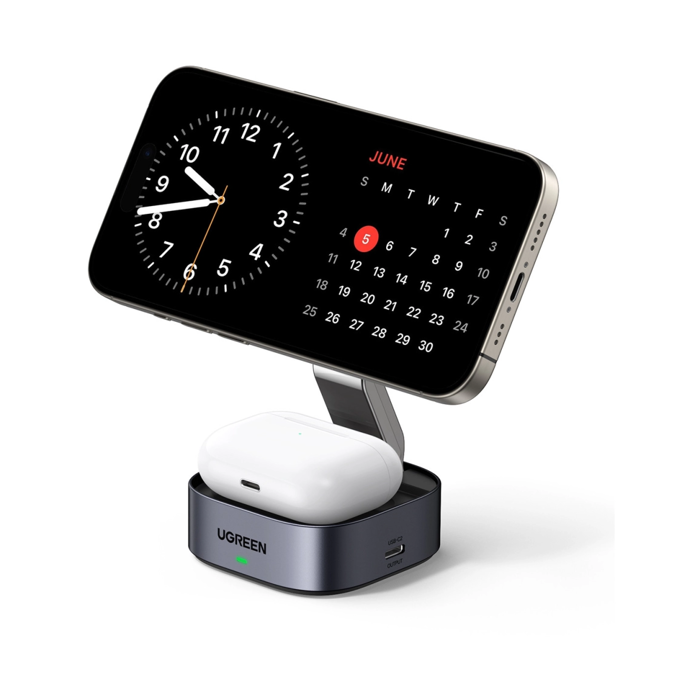UGREEN 2in1 Qi2 Magnetic Foldable punjač, 15W, za Iphone 12-16, AirPods 3/2/Pro, sivi, 67946