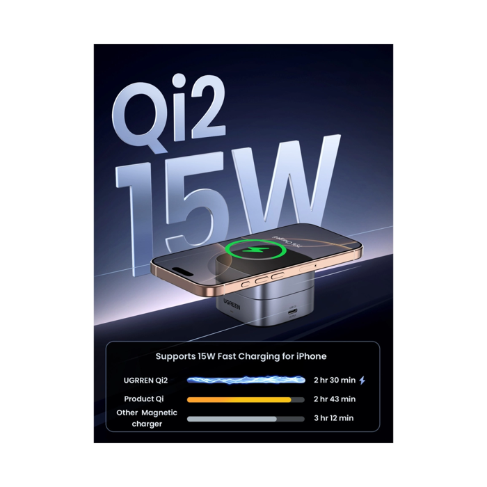 UGREEN 2in1 Qi2 Magnetic Foldable punjač, 15W, za Iphone 12-16, AirPods 3/2/Pro, sivi, 67946